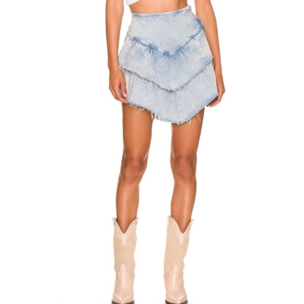 Mother Womens Layered‎ Ruffle Mini Raw Edge Skirt Blue Denim Light Wash Size 27